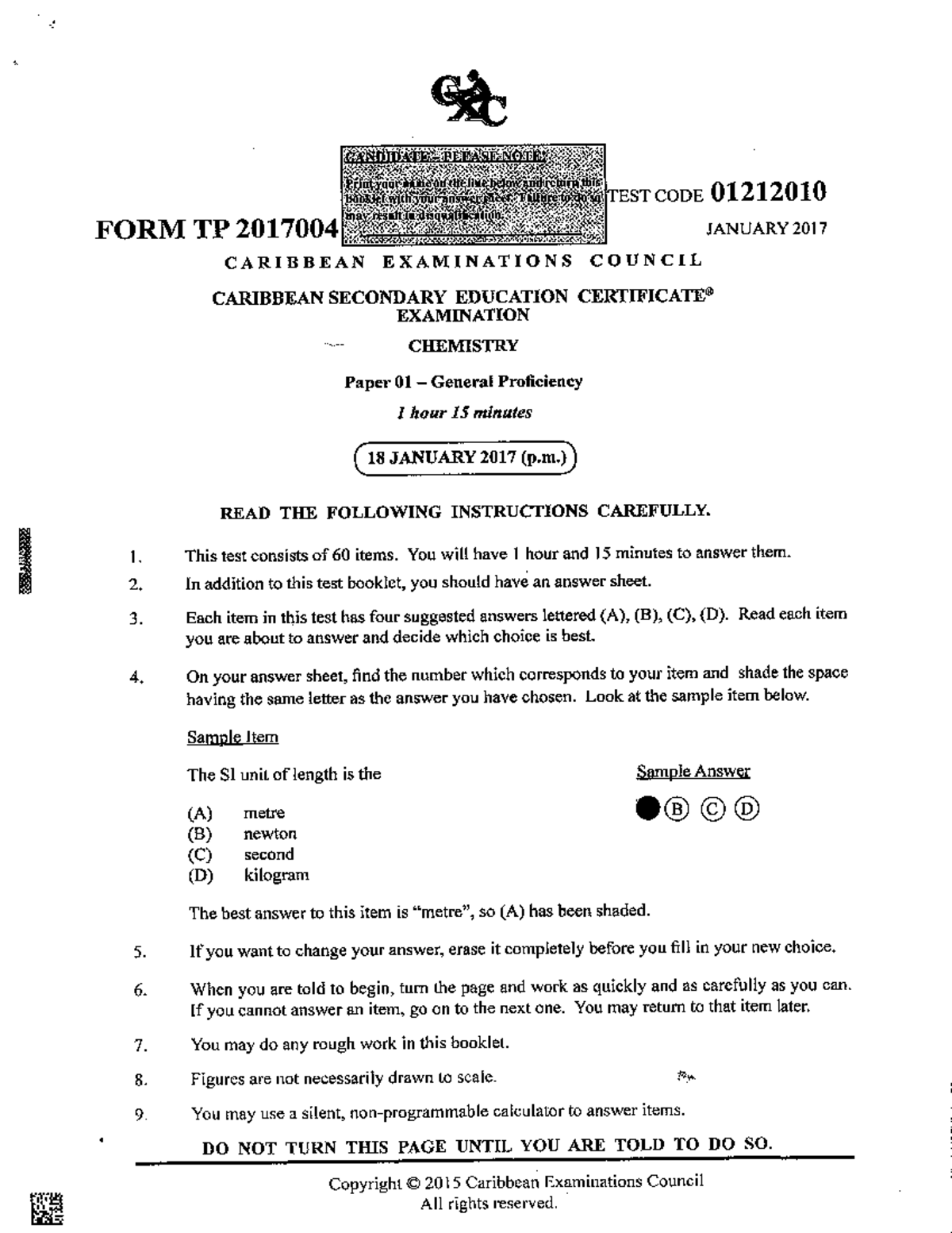 CXC CSEC Chemistry 2017 January Paper 01 Exam Guide - Studocu
