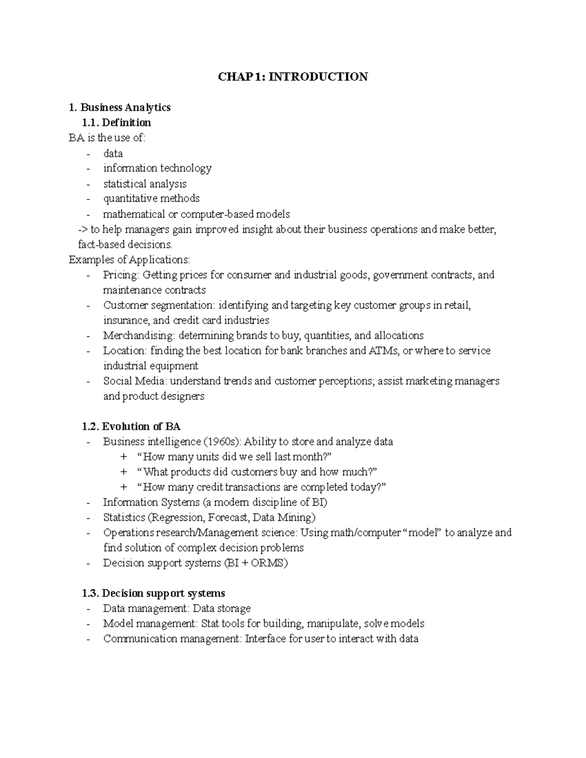 BA ĐỀ CƯƠNG ÔN TẬP - CHAP 1: INTRODUCTION Business Analytics Definition ...