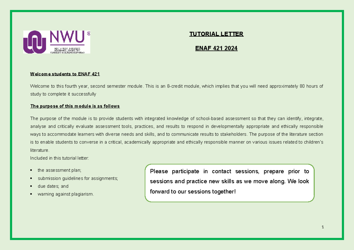 ENAF 421 2024 Tutorial Letter: Essential Info for Final Exam ...