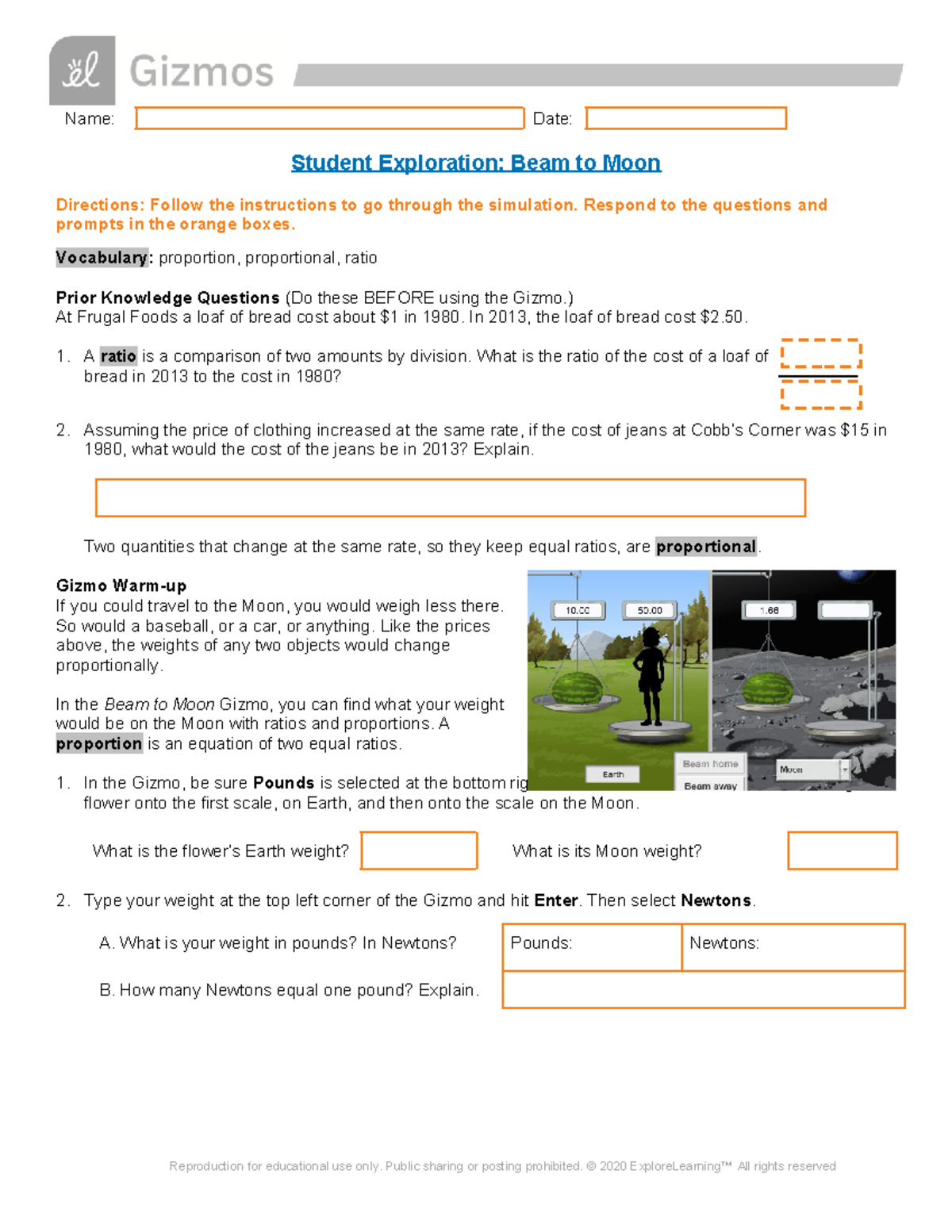Algebra - Beam to Moon Gizmo Exploration & Weight Proportions ...