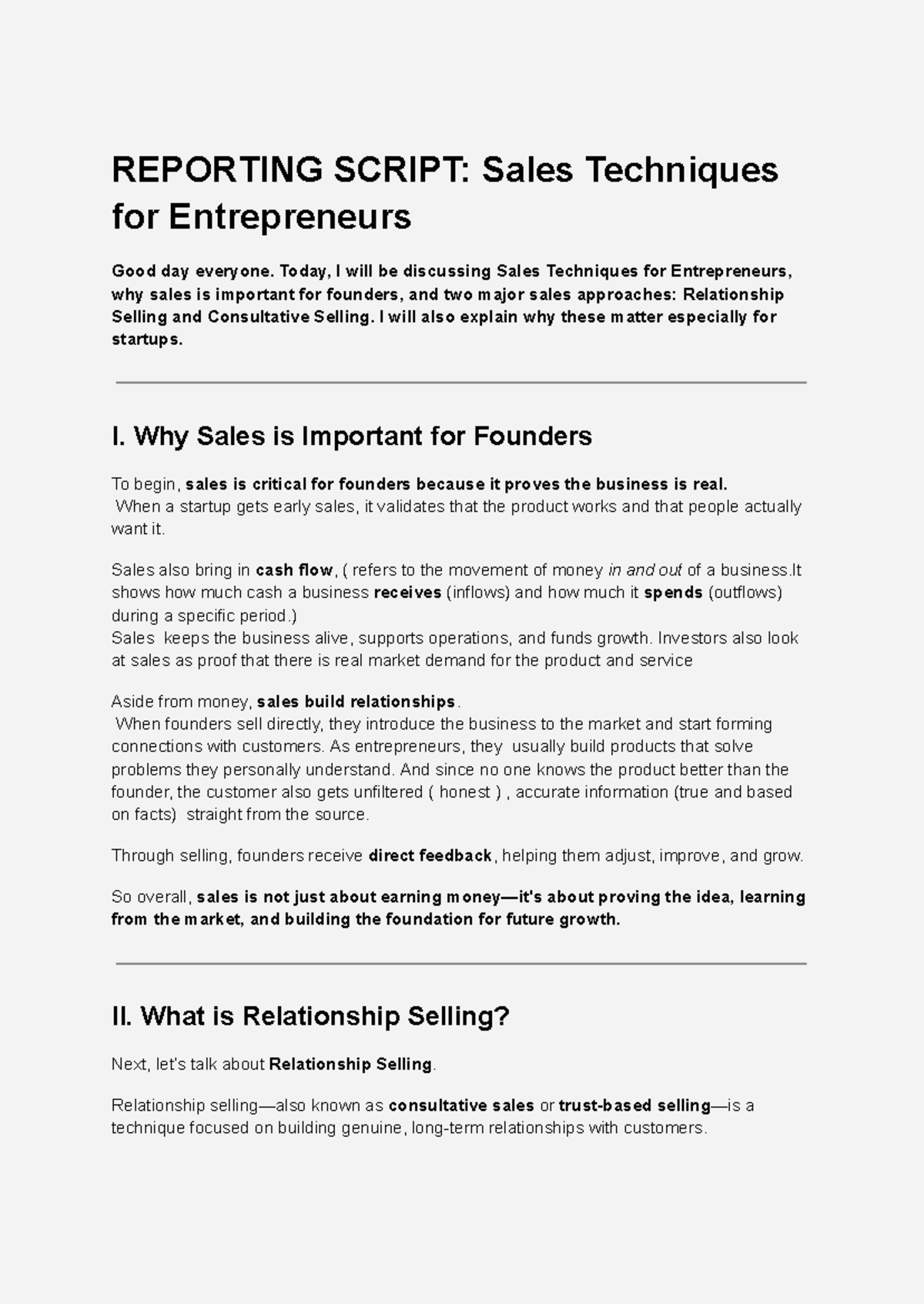 REPORTING SCRIPT: Sales Techniques for Entrepreneurs (MKT 101) - Studocu