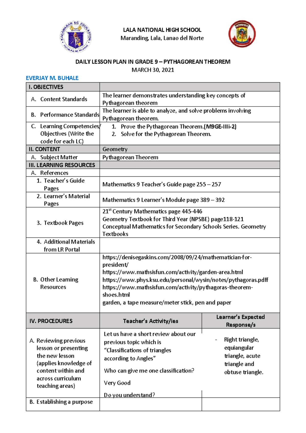 Grade 9 Daily Lesson Plan: Pythagorean Theorem (March 30, 2021) - Studocu