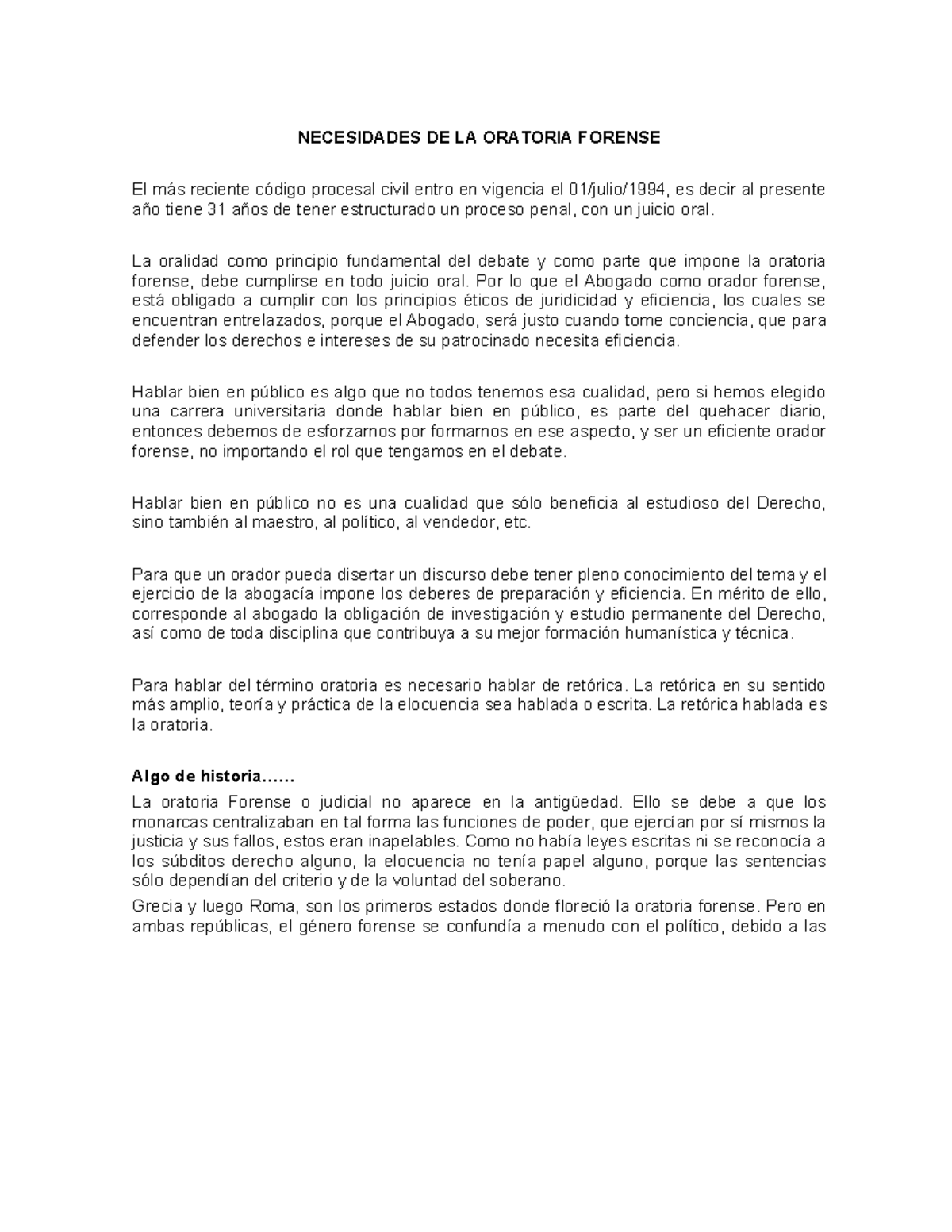 NEC 101: Importancia de la Oratoria Forense en el Debate Judicial - Studocu