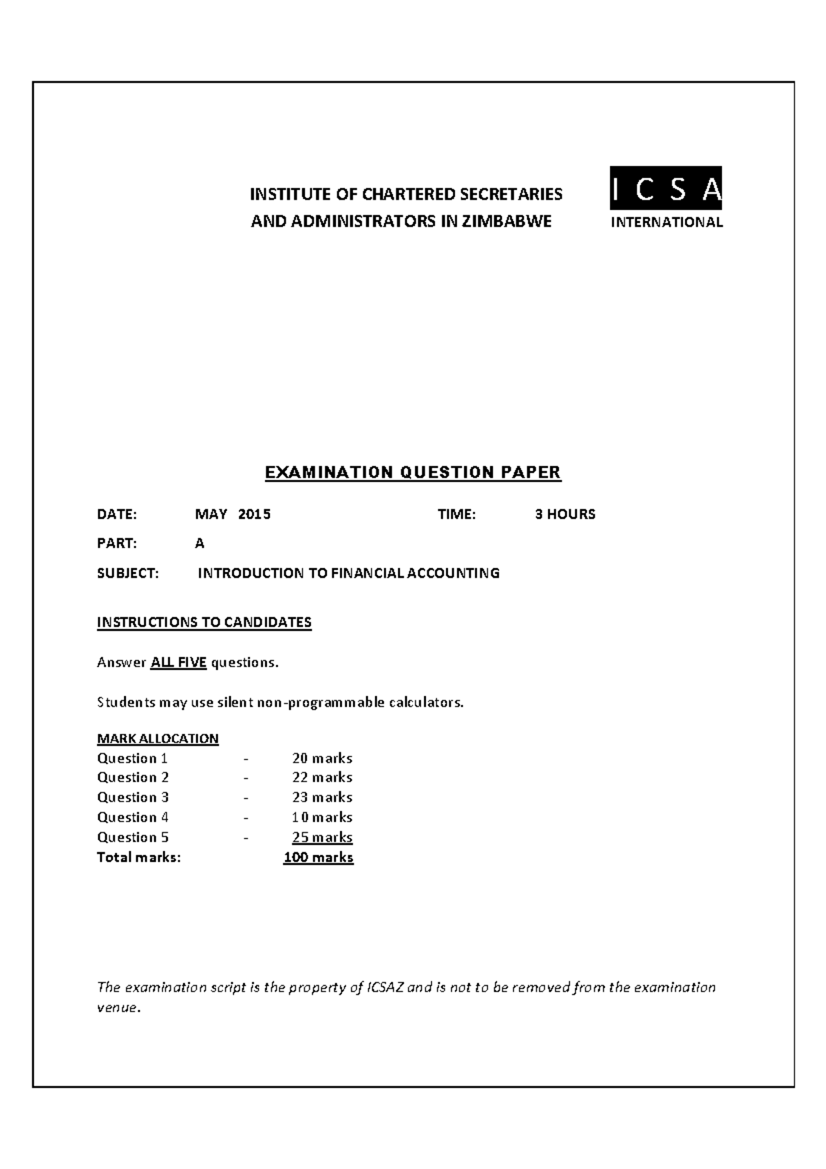 Introduction to Financial Accounting Exam QN - May 2015 - Studocu