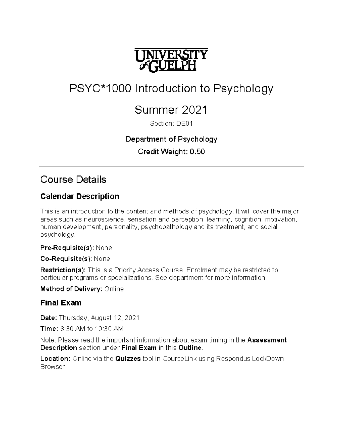 Course Outline for PSYC1000 DE01 - Introduction to Psychology (S21 ...