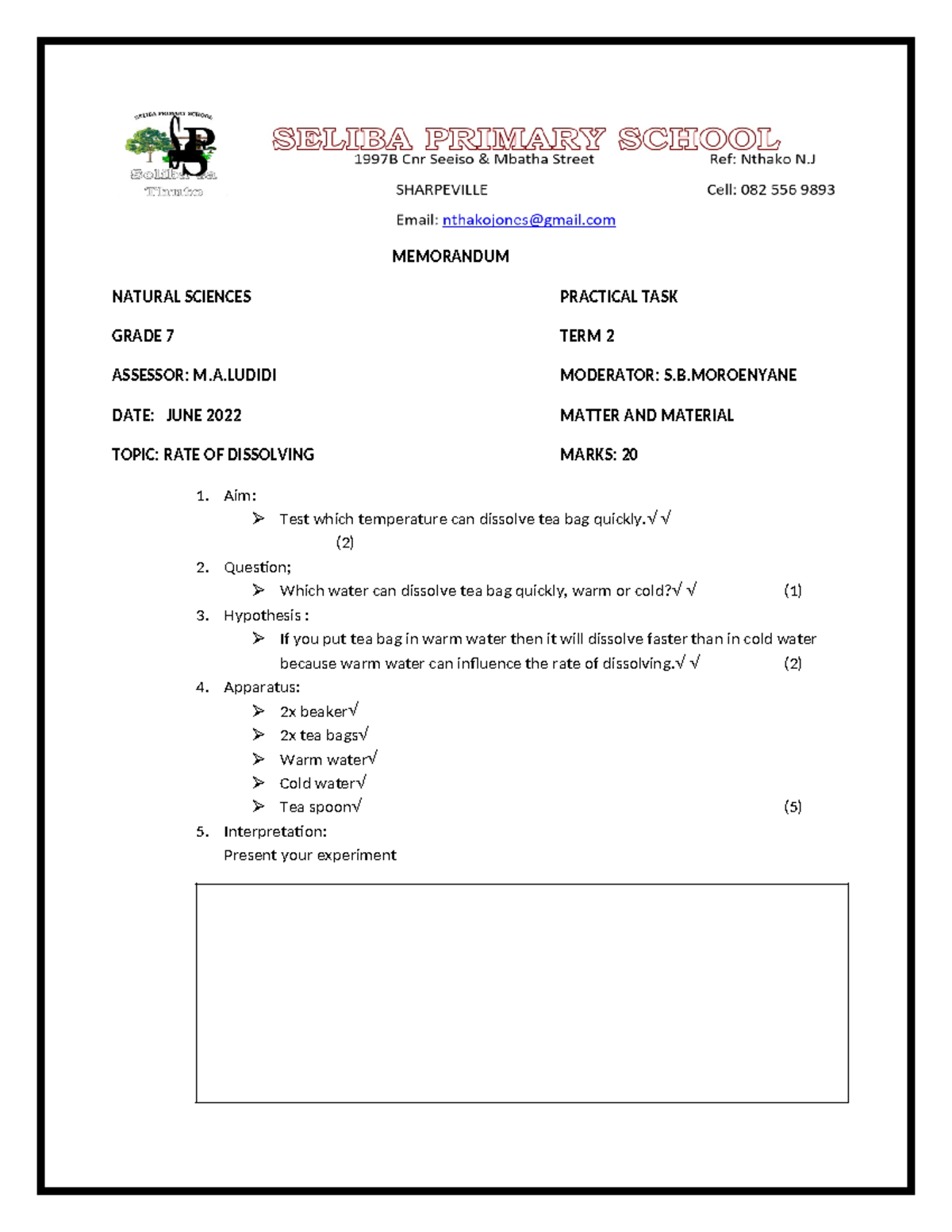 ssnotesssssssssss - MEMORANDUM NATURAL SCIENCES PRACTICAL TASK GRADE 7 ...