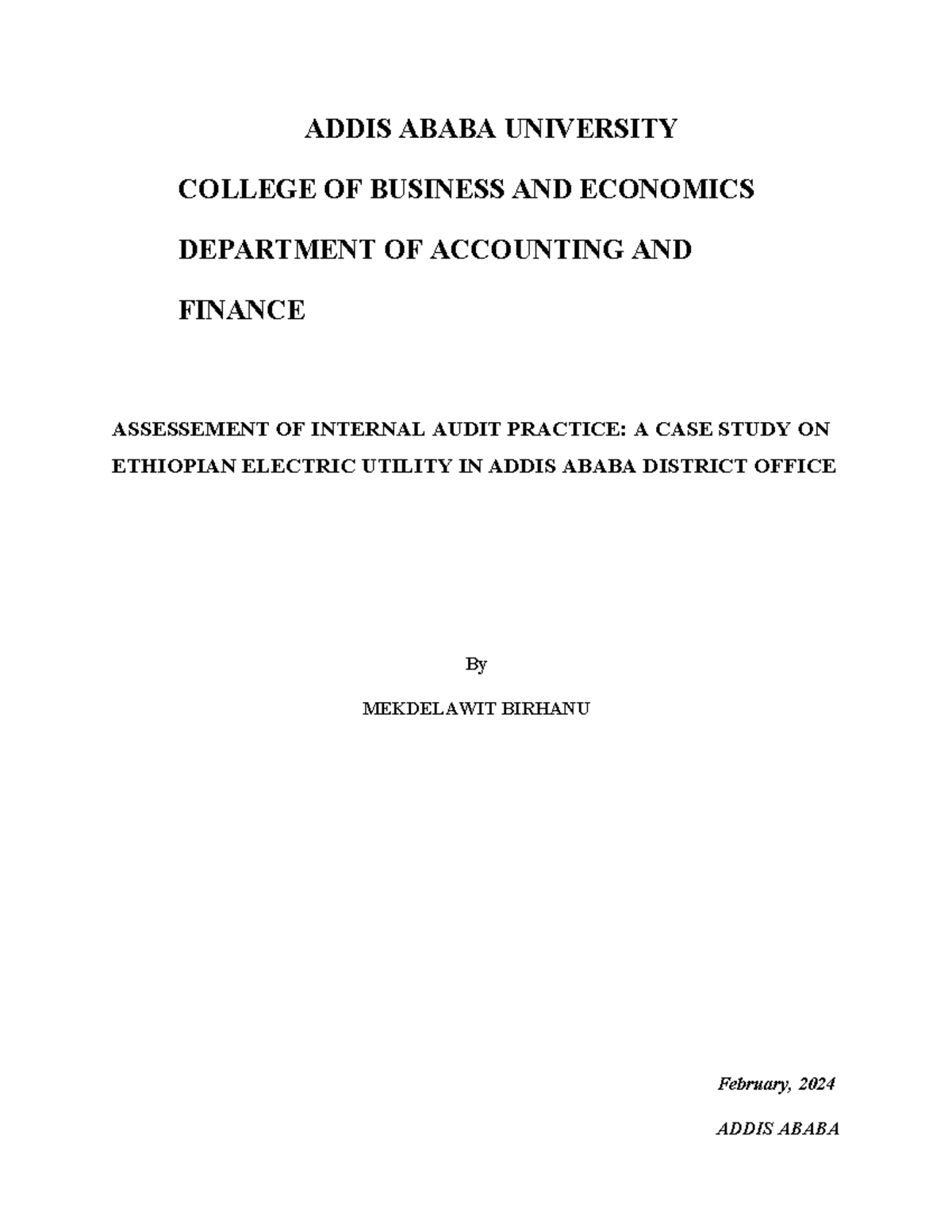 Assessment of Internal Audit Practice: Case Study of EEU (ACCT 401 ...