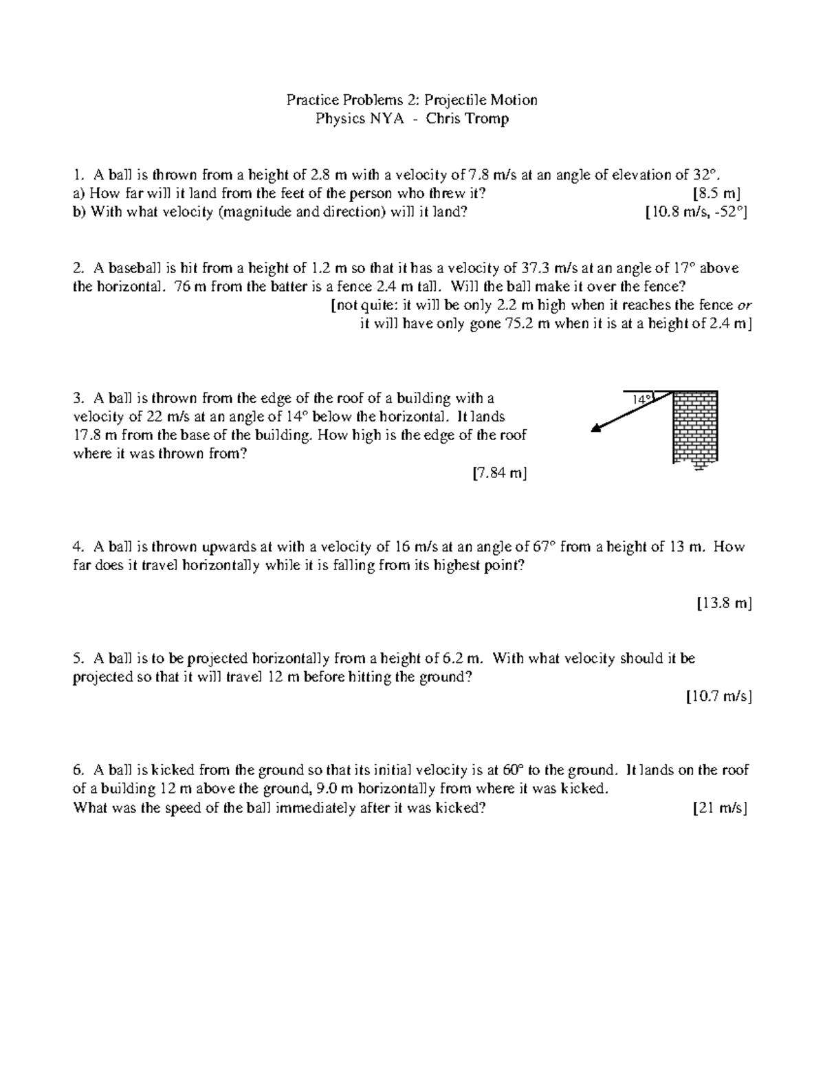 2 Projectile Motion - stuff - Practice Problems 2: Projectile Motion ...