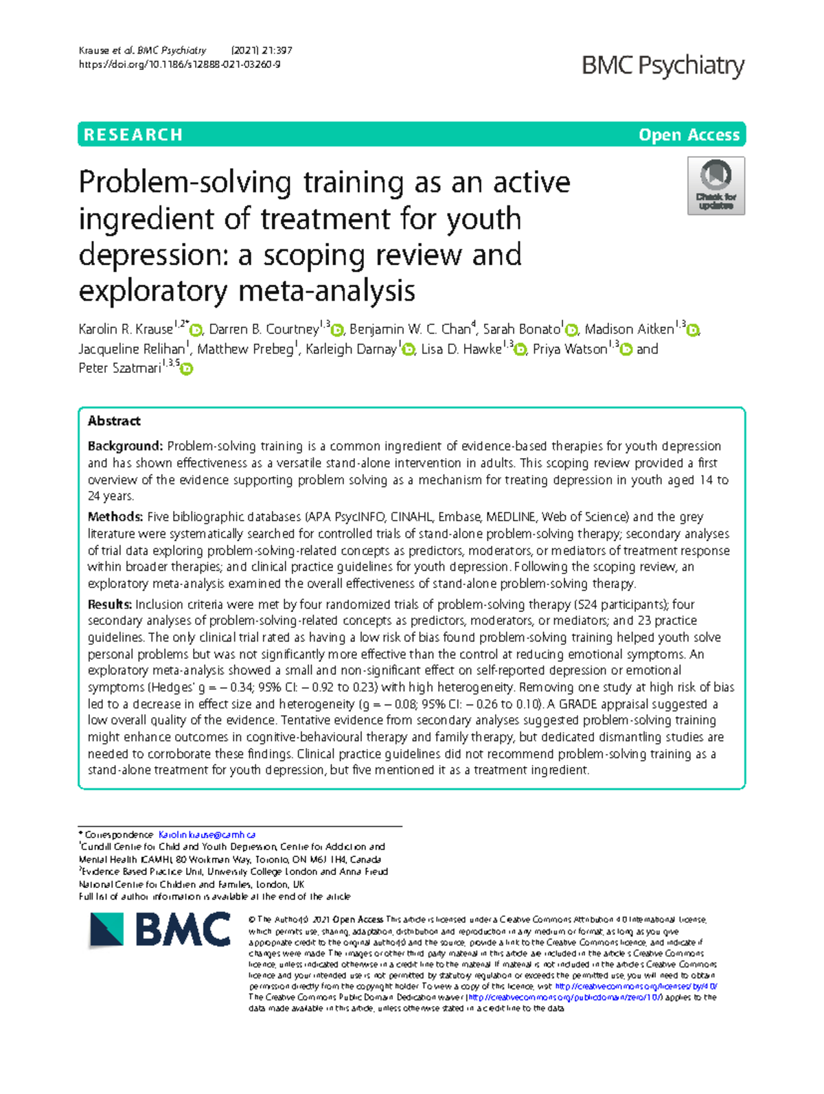Problem-Solving Therapy for Youth Depression: A Scoping Review (PSY 101 ...