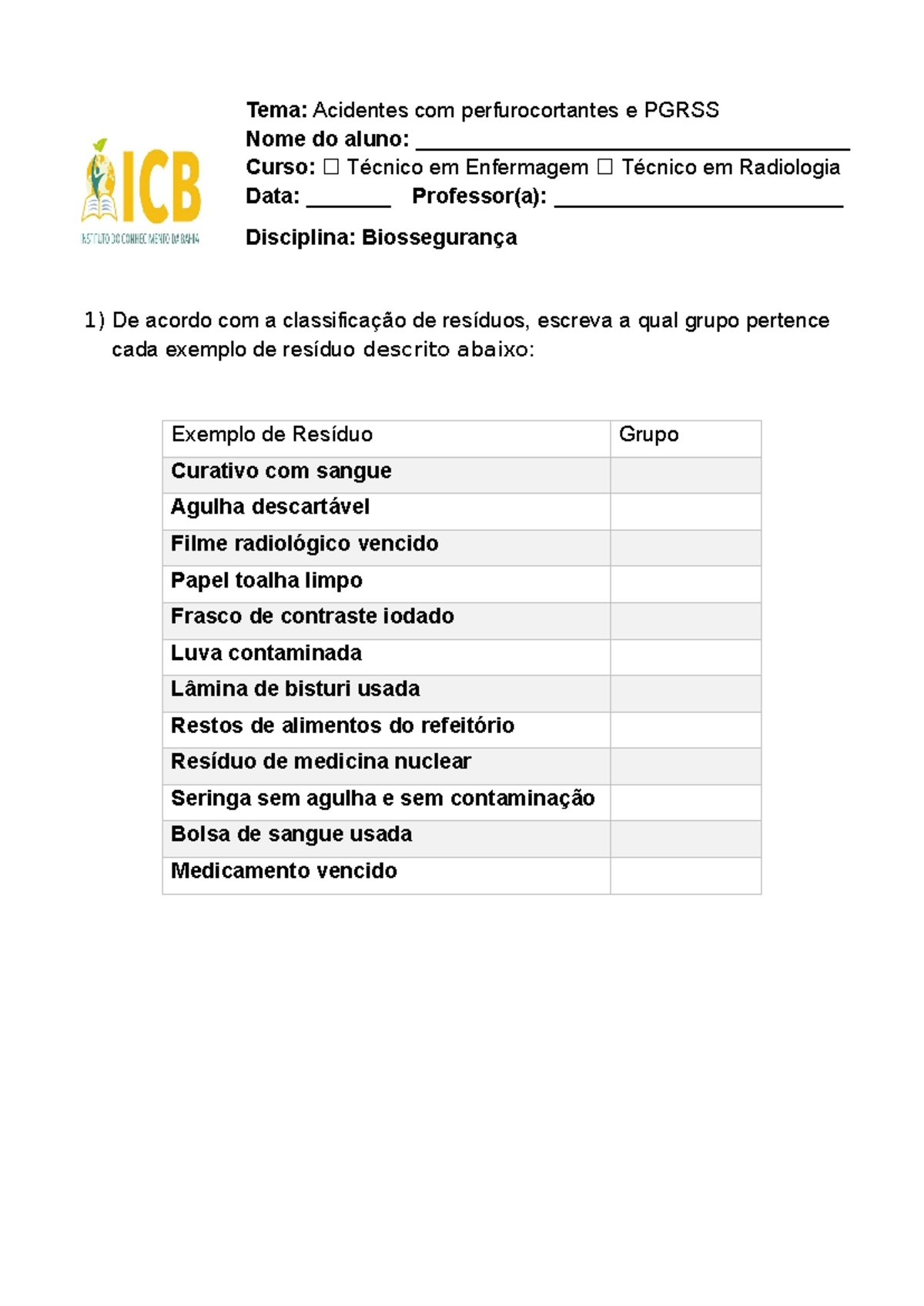 Atividade exemplos de resíduos - Tema: Acidentes com perfurocortantes e ...