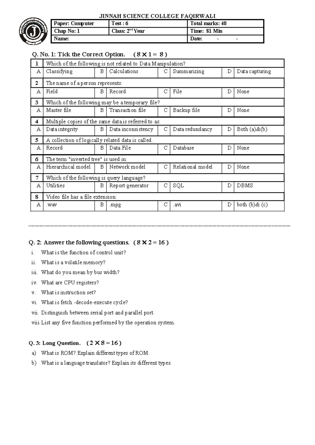 Computer Science 2nd Year Test: Chap 1 - Data Manipulation & Memory ...
