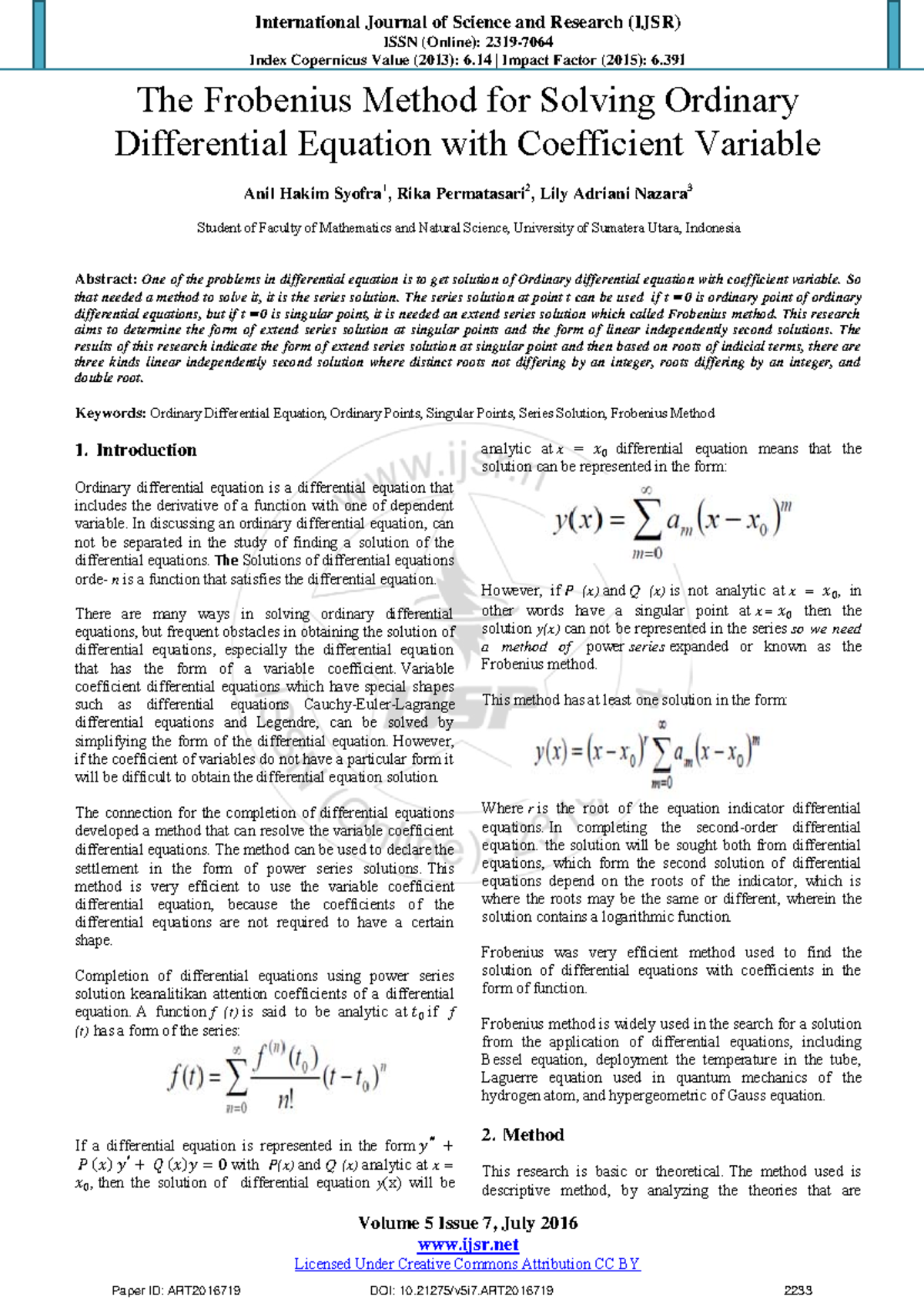 Frobenius Method for Solving ODEs with Variable Coefficients (IJSR ...