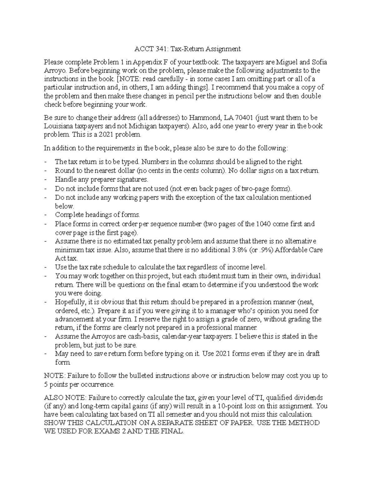 ACCT 341: Tax Return Project Instructions for Miguel & Sofia Arroyo ...