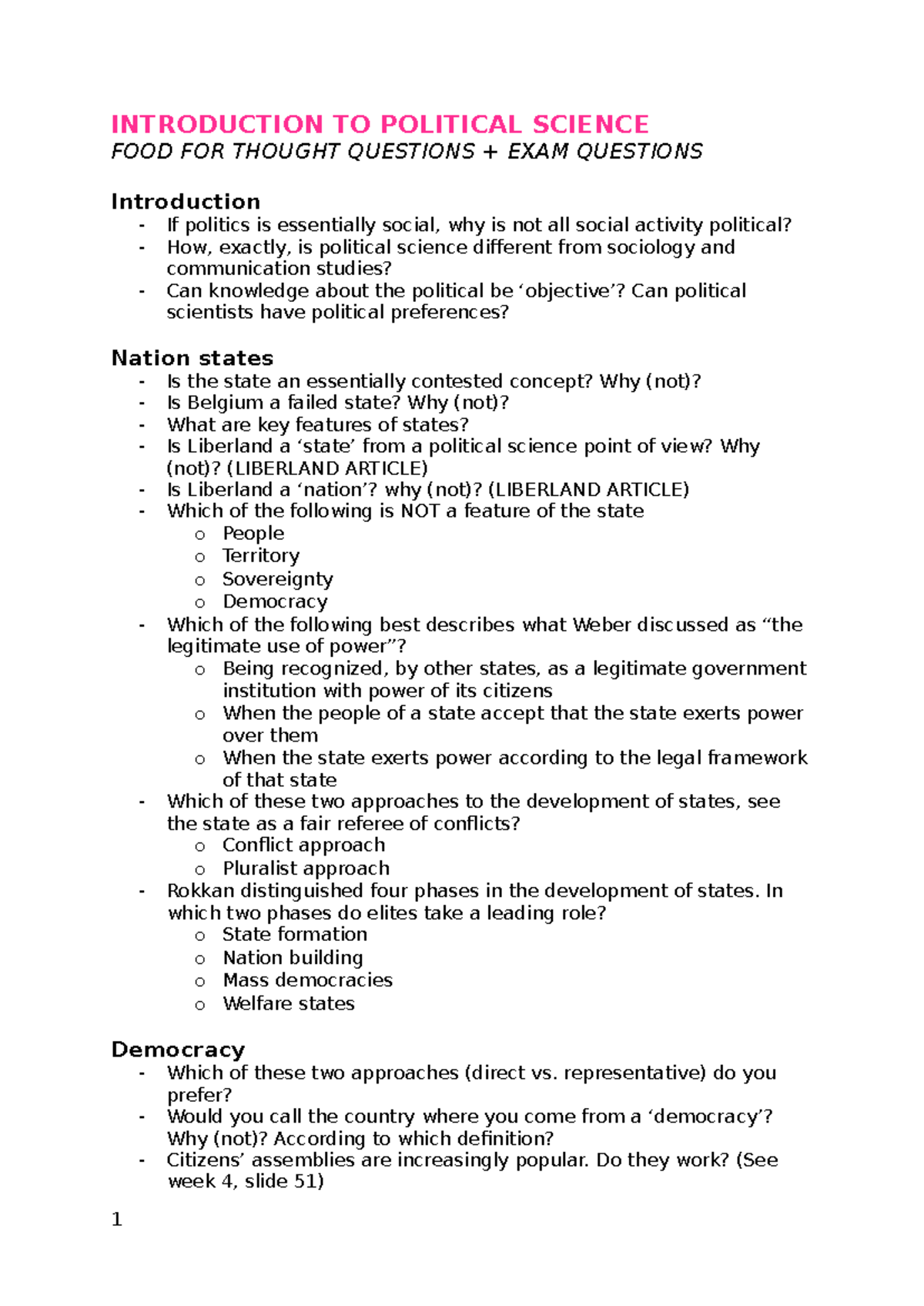 Introduction to Political Science (POL101) - Exam Questions & Thought ...