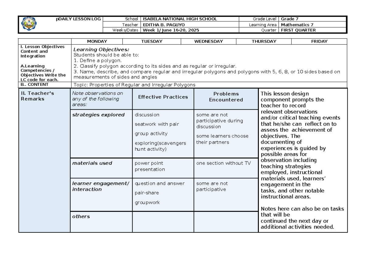 Grade 7 Math Daily Lesson Log: Properties of Polygons - Studocu
