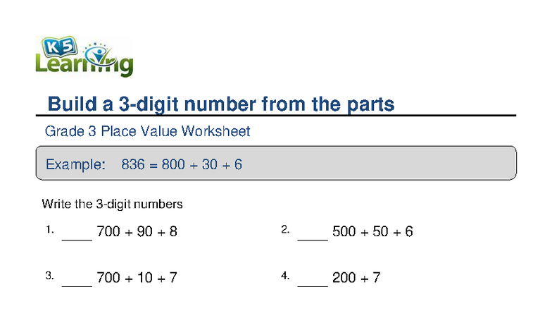 Grade 3 Place Value Worksheet: Build 3-Digit Numbers from Parts - Studocu