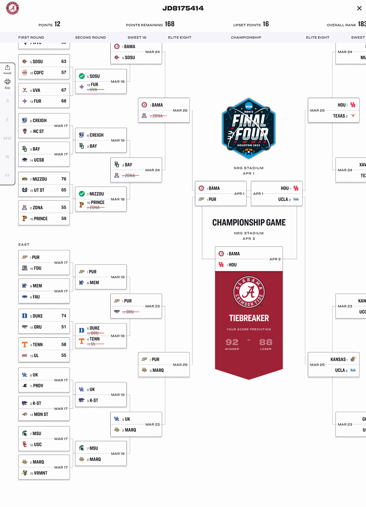 NCAA® March Madness® Men’s Bracket Challenge - MY PICKS GROUPS BRACKET ...