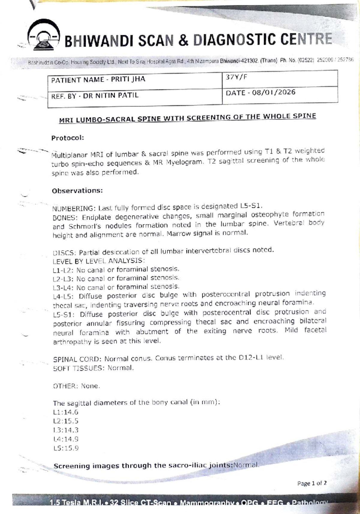 MRI Spine Report - Patient: Pritijha, Ref: Dr. Nitin Patil - Studocu
