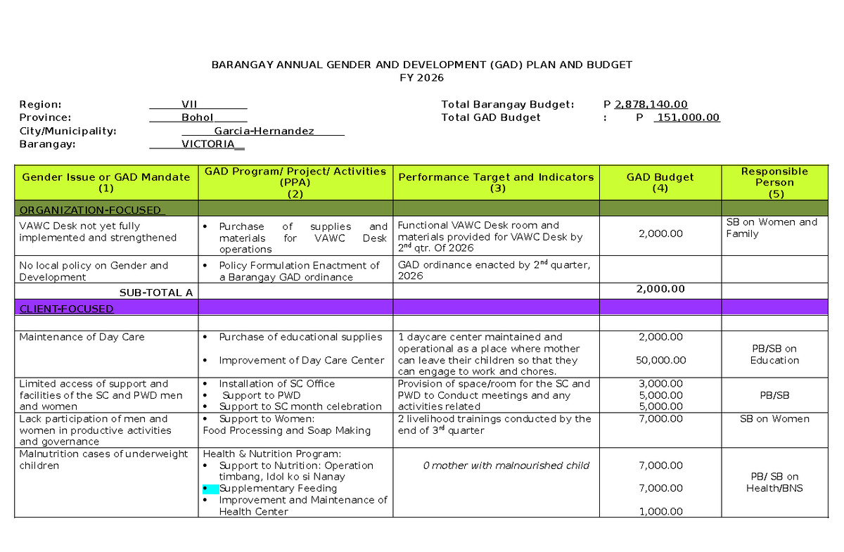BARANGAY GAD PLAN & BUDGET FY 2025 - VICTORIA, BOHOL - Studocu