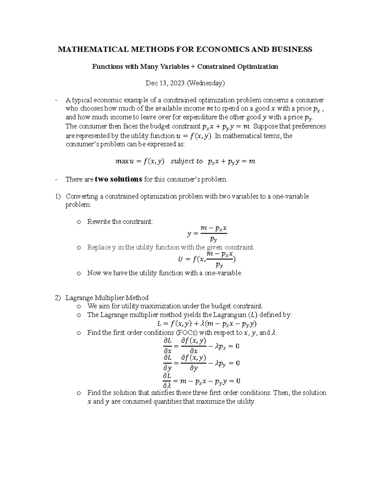 MATHEMATICAL METHODS FOR ECONOMICS AND BUSINESS: Dec 13 Lecture Notes ...