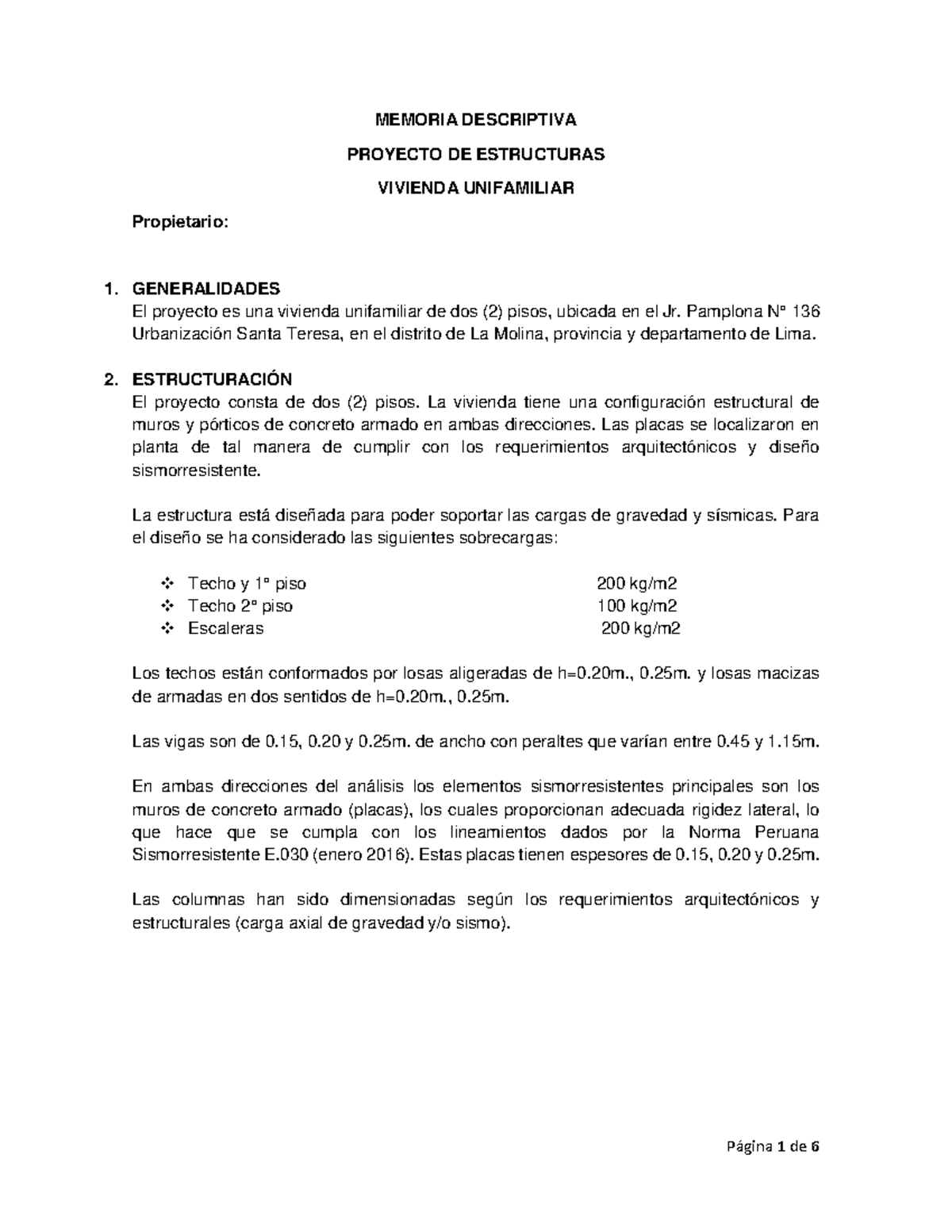 MEMORIA DESCRIPTIVA DEL PROYECTO DE ESTRUCTURAS VIVIENDA UNIFAMILIAR ...