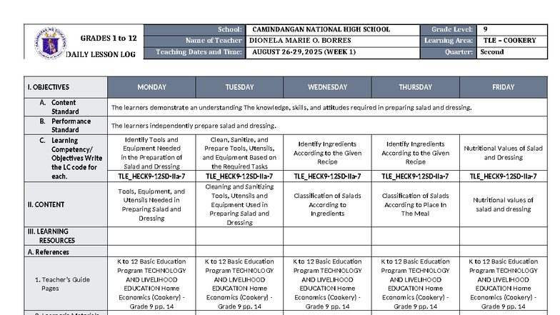 DLL TLE 9 - Cookery Lesson Plan for Week 1 of Q2 - Studocu