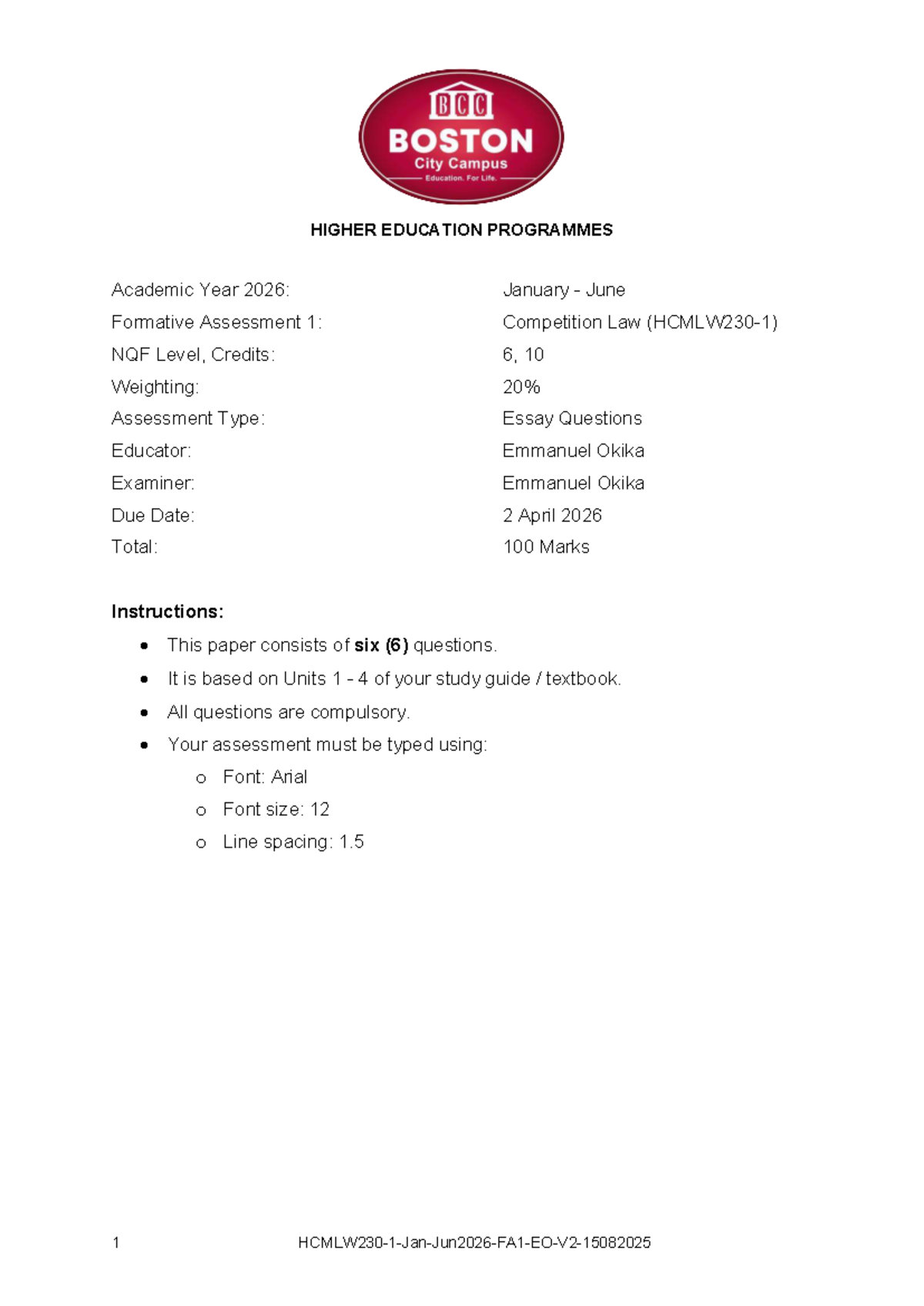 Competition Law Formative Assessment 1: Essay Questions (NQF Level 6 ...