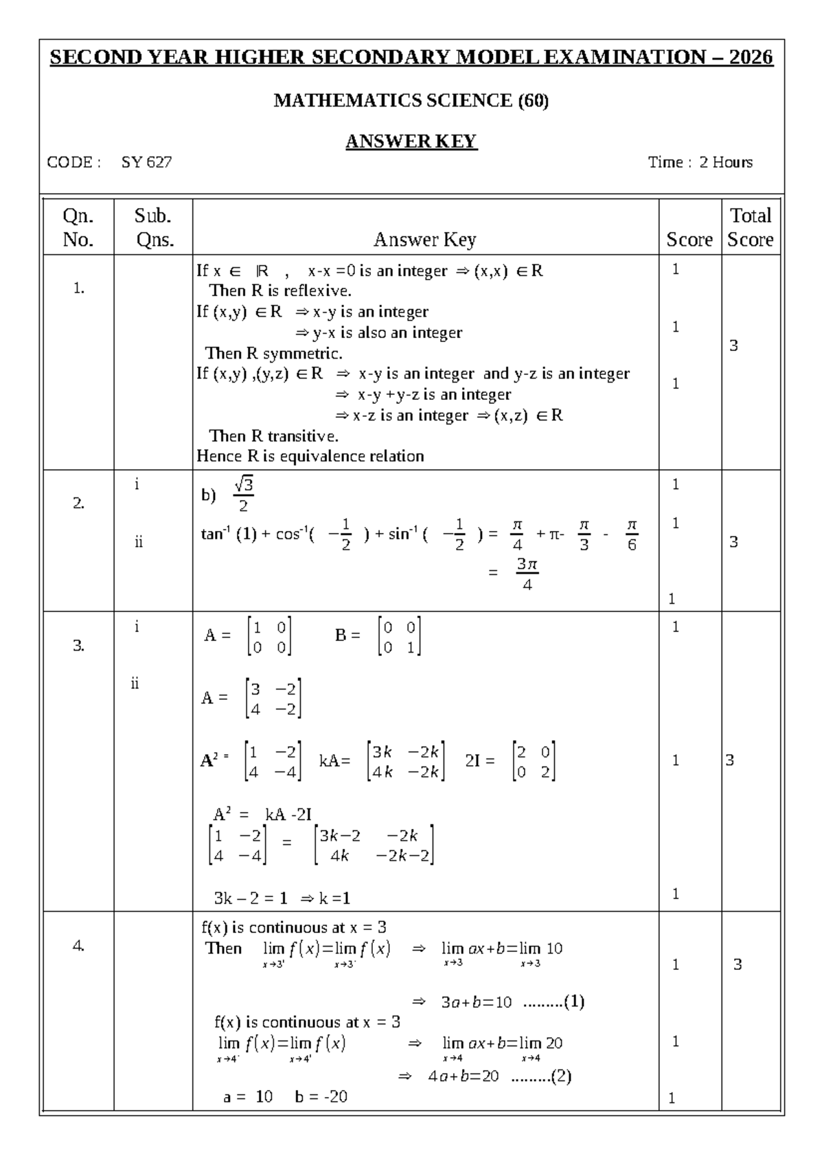 +2 Maths Model Exam Answer Key SY 627 - Studocu