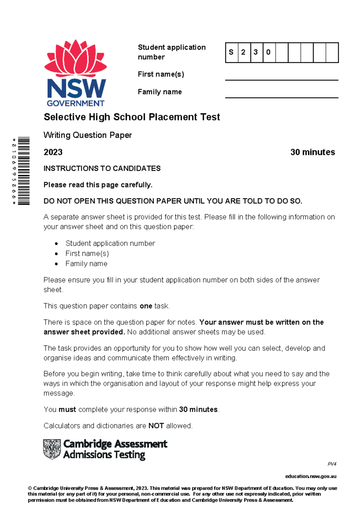 Selective High School Placement Test Writing Question Paper 2023 - Studocu