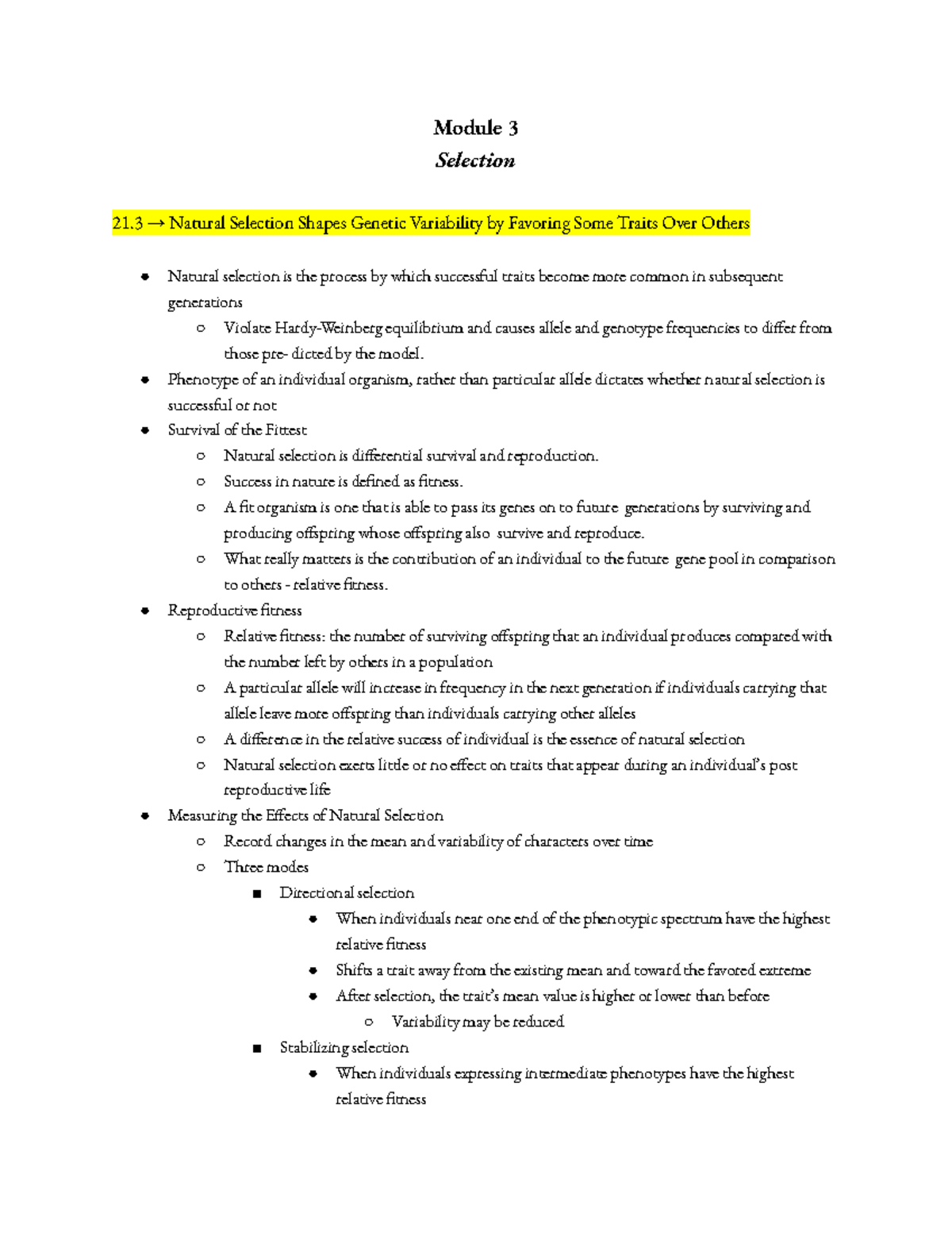 Module 3 Final Exam Notes - Natural Selection & Genetic Variability ...