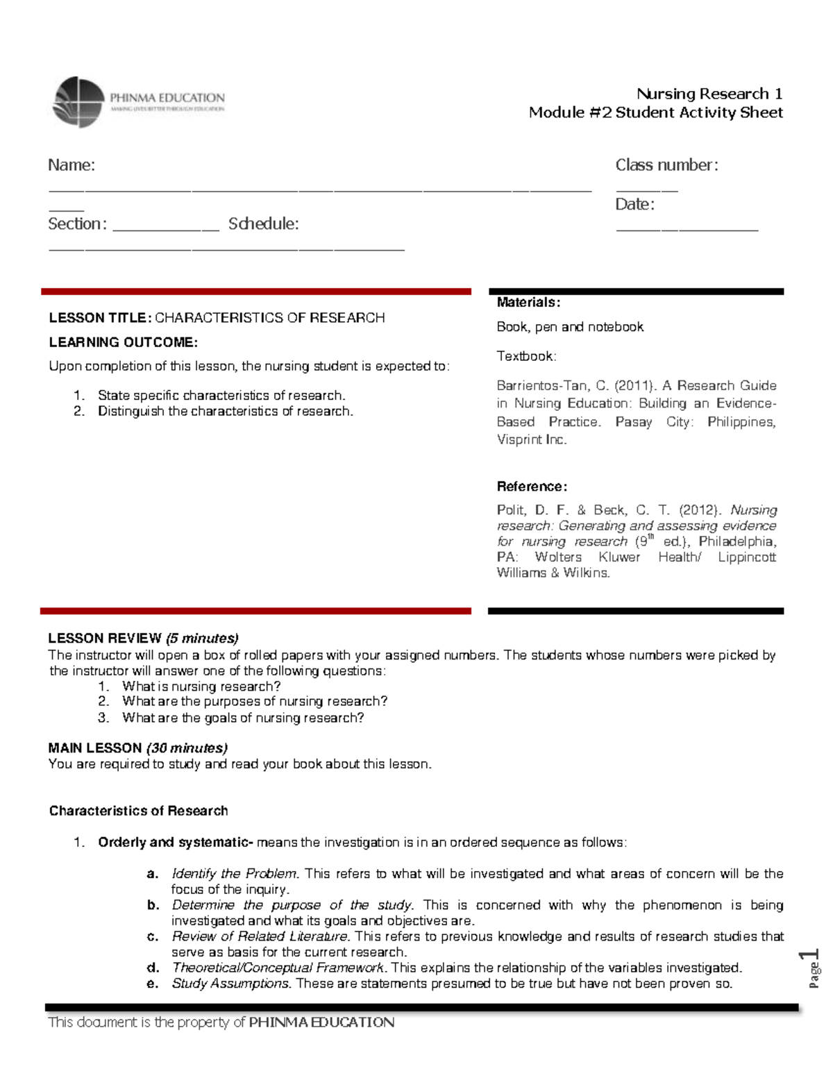 NUR-224-M2 - Nursing research 1 - Module #2 Student Activity Sheet Name ...