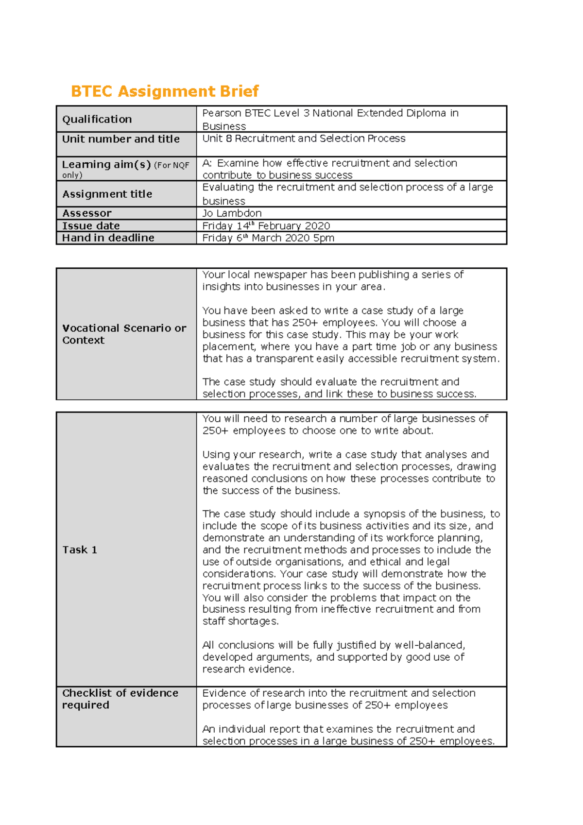 BTEC Level 3 Unit 8 Assignment: Recruitment & Selection Case Study ...