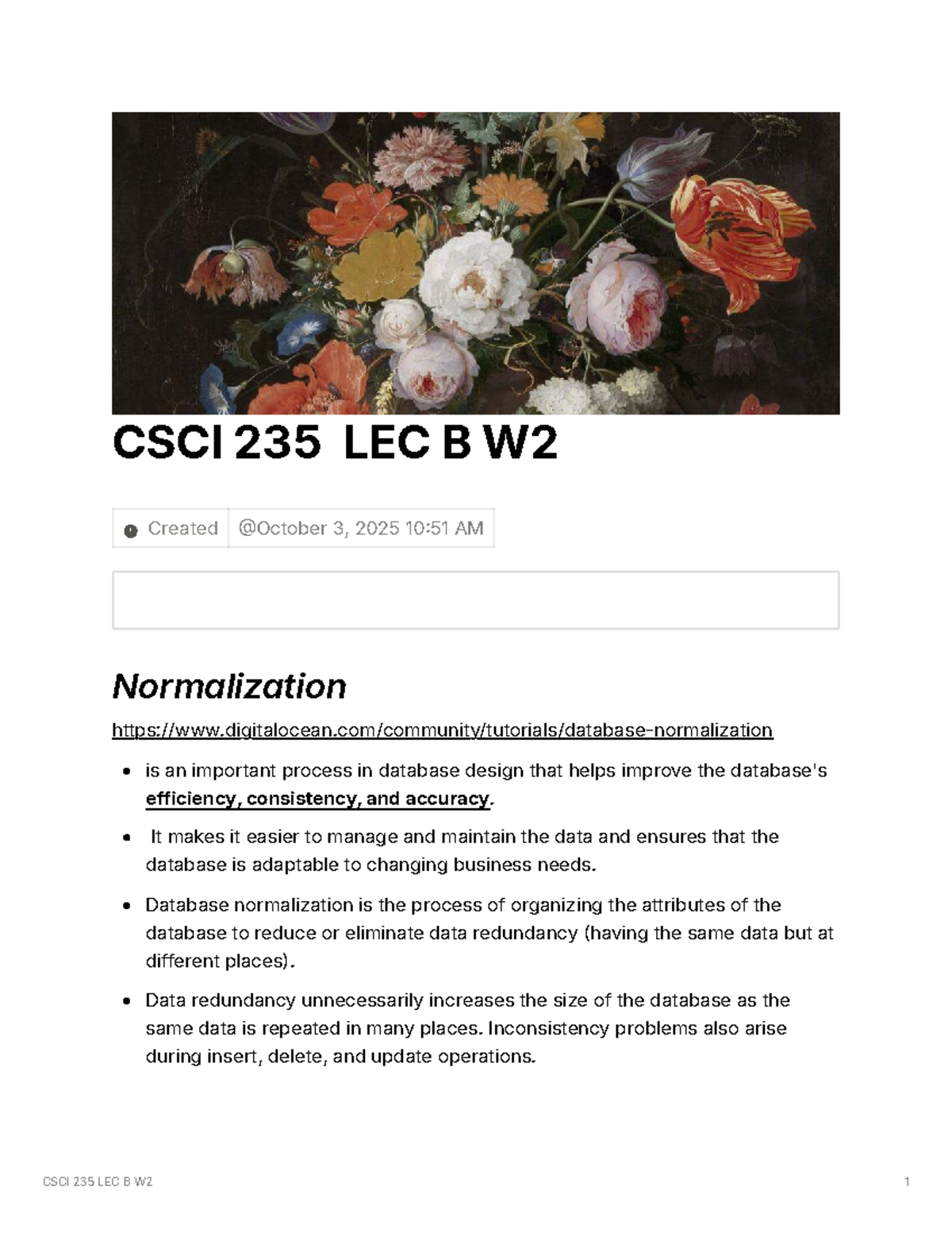 CSCI 235 LEC B W2 - Database Normalization and Normal Forms Notes - Studocu