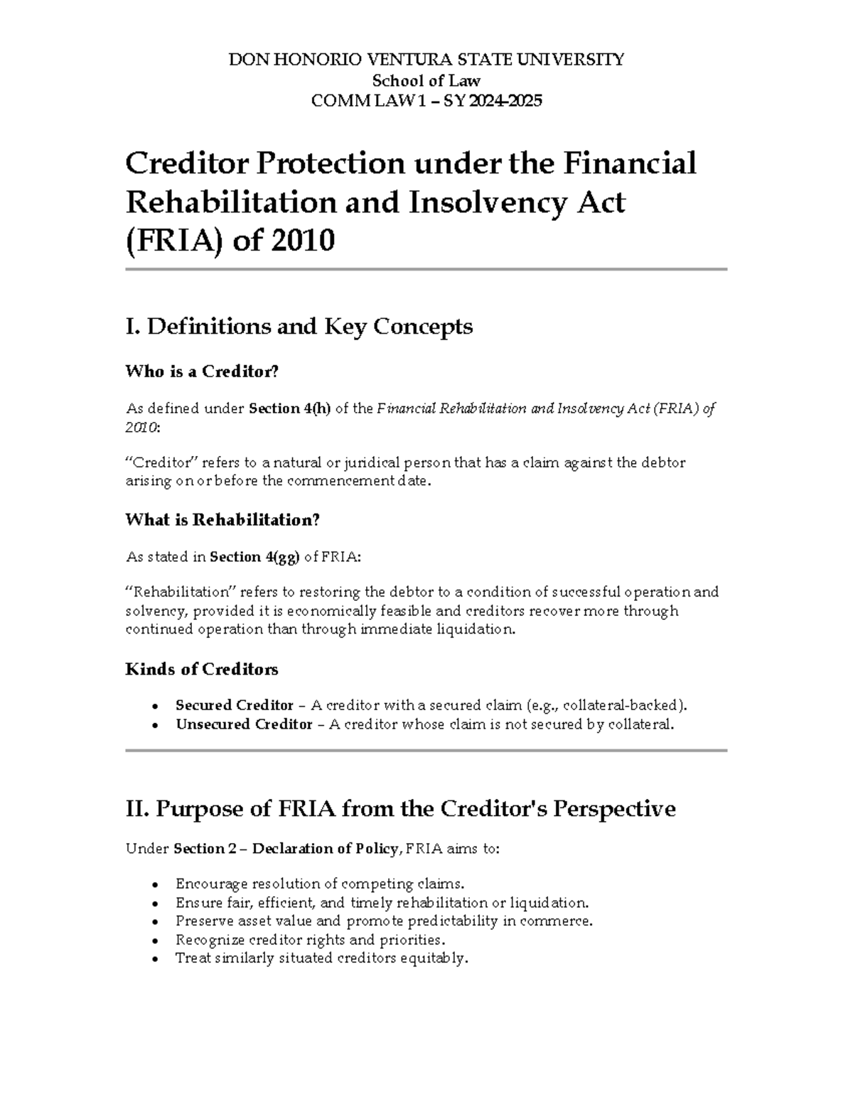 Compilation - Pro Creditor: Insights on FRIA 2010 (COMM LAW 1 SY) - Studocu