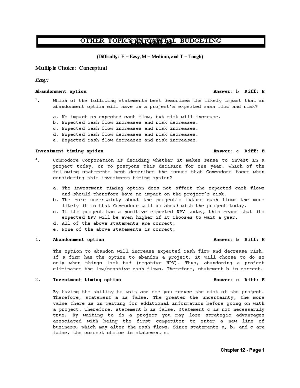 TB Chapter 12 - Capital Budgeting Practice Questions and Answers - Studocu
