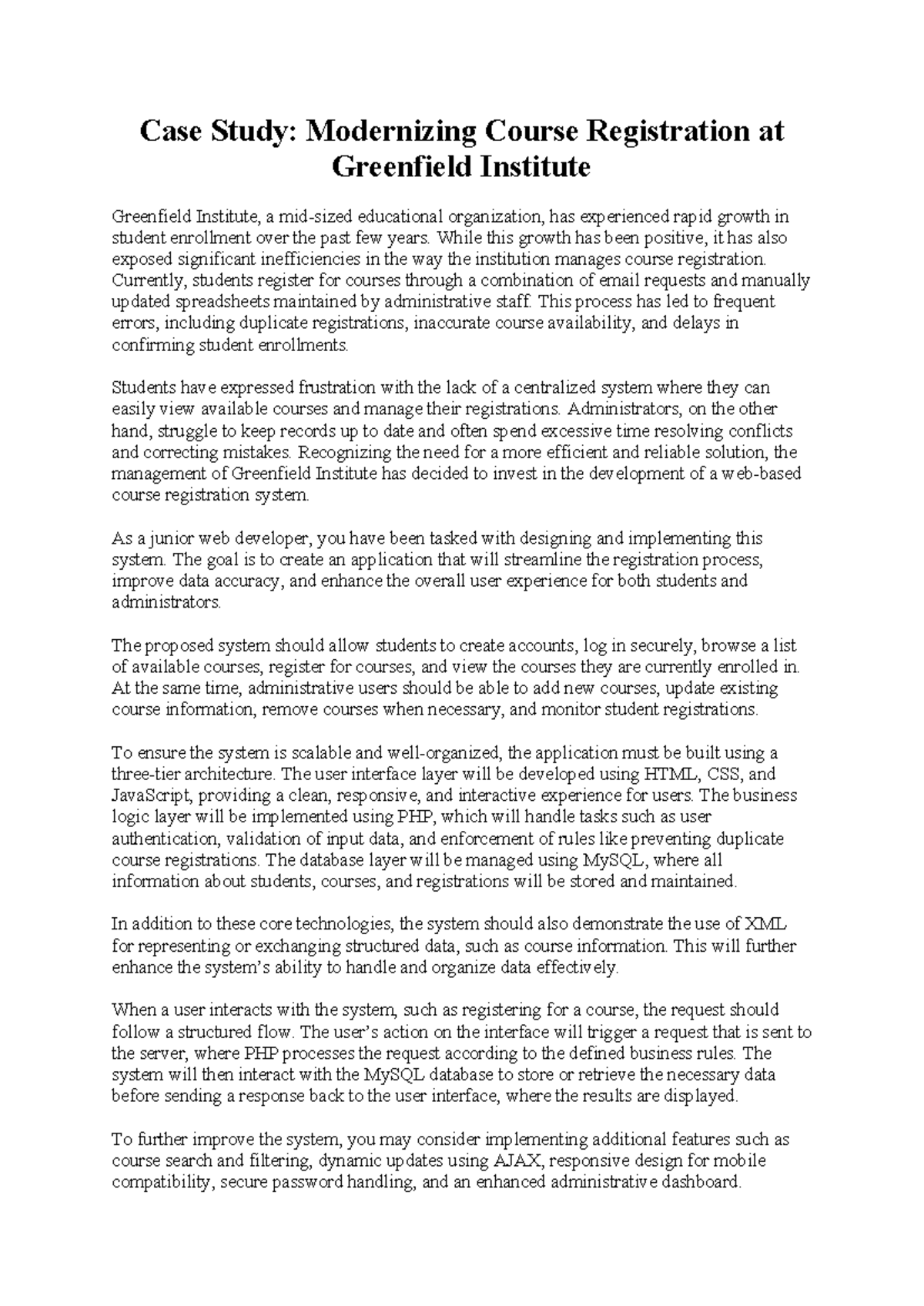 Case Study: Web Dev for Course Registration System at Greenfield ...