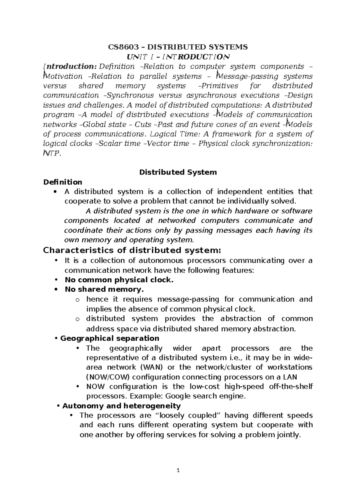 CS8603 DISTRIBUTED SYSTEMS UNIT I: INTRODUCTION AND OVERVIEW - Studocu