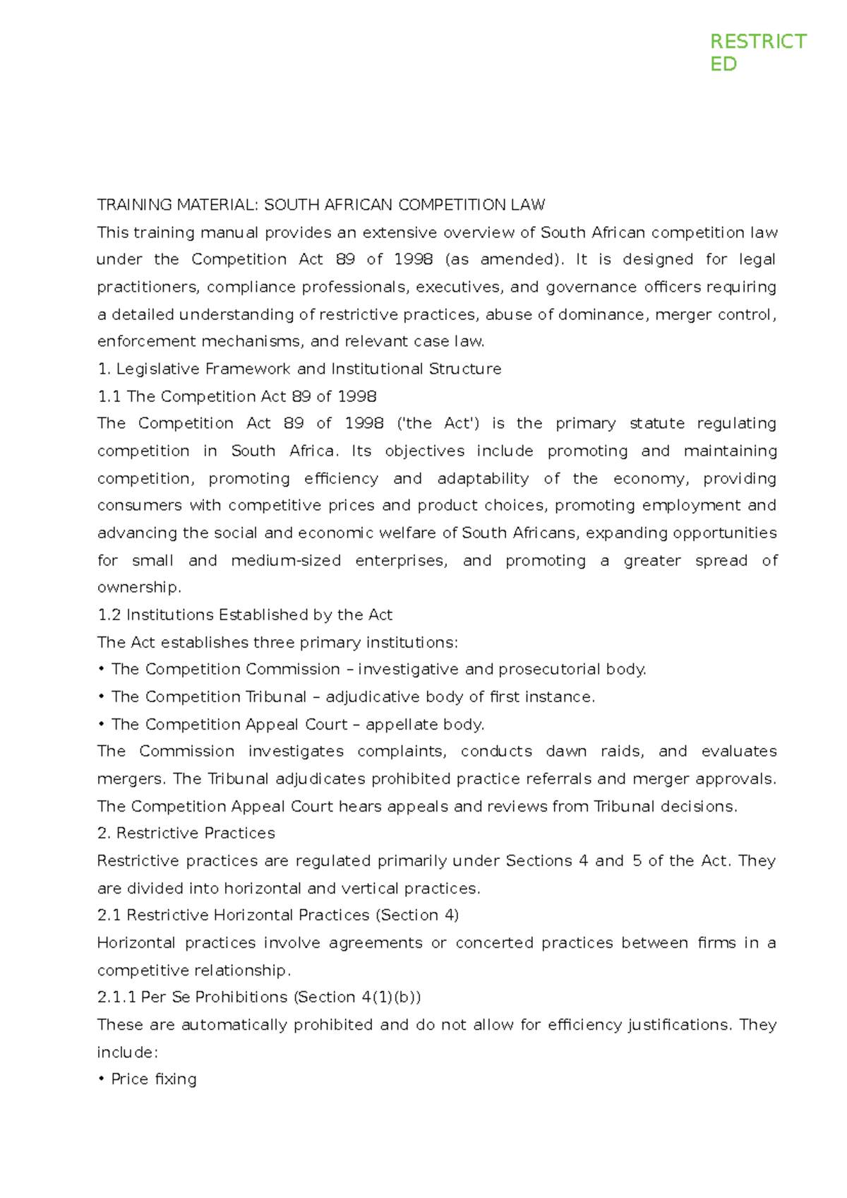 Competition Law Training Material: South Africa's Competition Act 89 of ...
