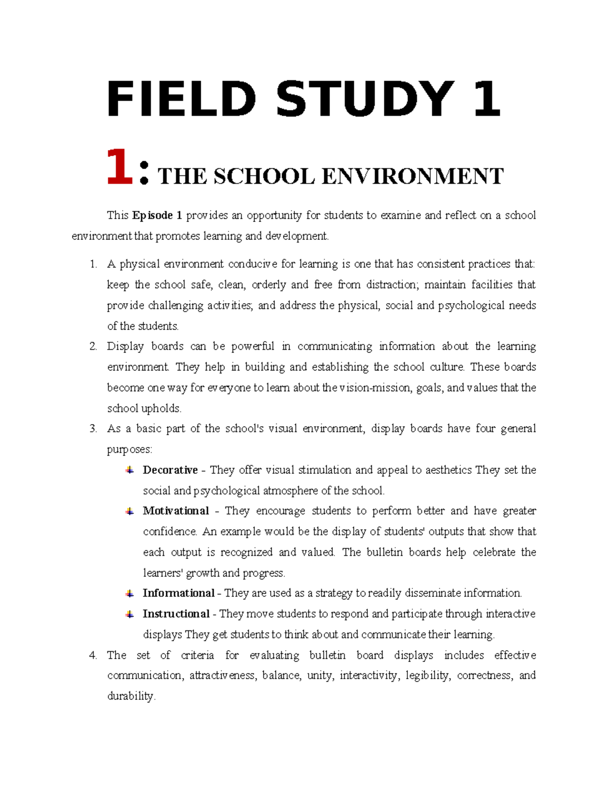 Field Study 1 1 5 - summary - FIELD STUDY 1 1 : THE SCHOOL ENVIRONMENT ...