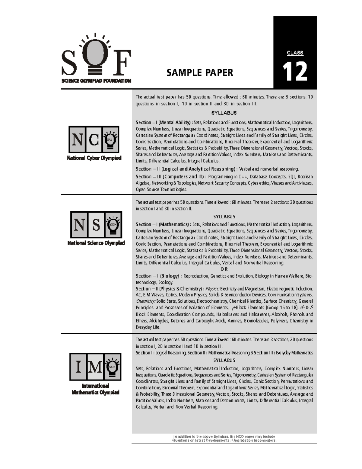 NSO Class 12 PCB Sample Paper with 50 Questions and Syllabus - Studocu