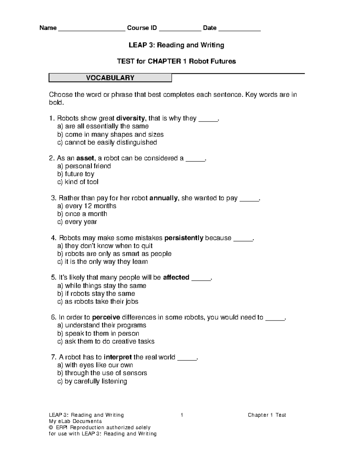 LEAP 3: Chapter 1 Student Test on Robot Futures Vocabulary - Studocu
