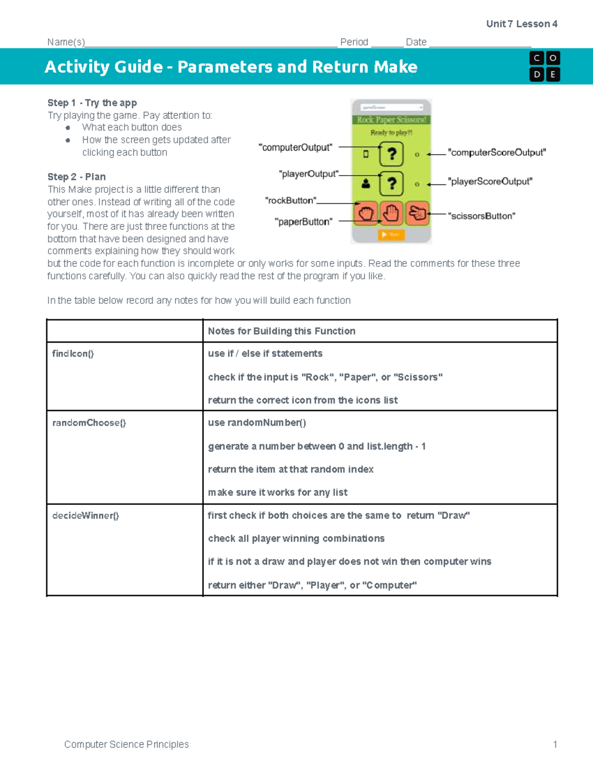 Activity Guide: Parameters & Return - CS1 Unit 7 Lesson 4 - Studocu