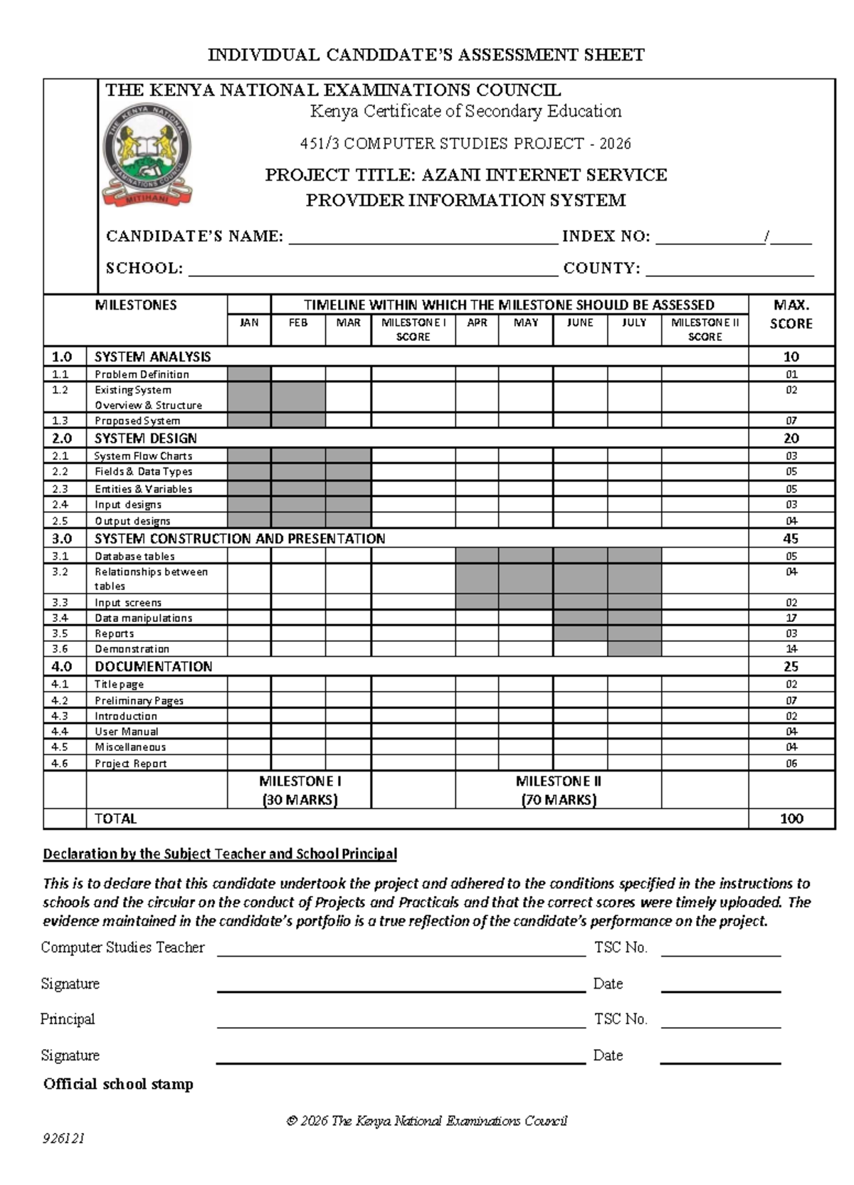 K.C.S.E. 2026 Computer Studies Project Assessment Sheet - Studocu