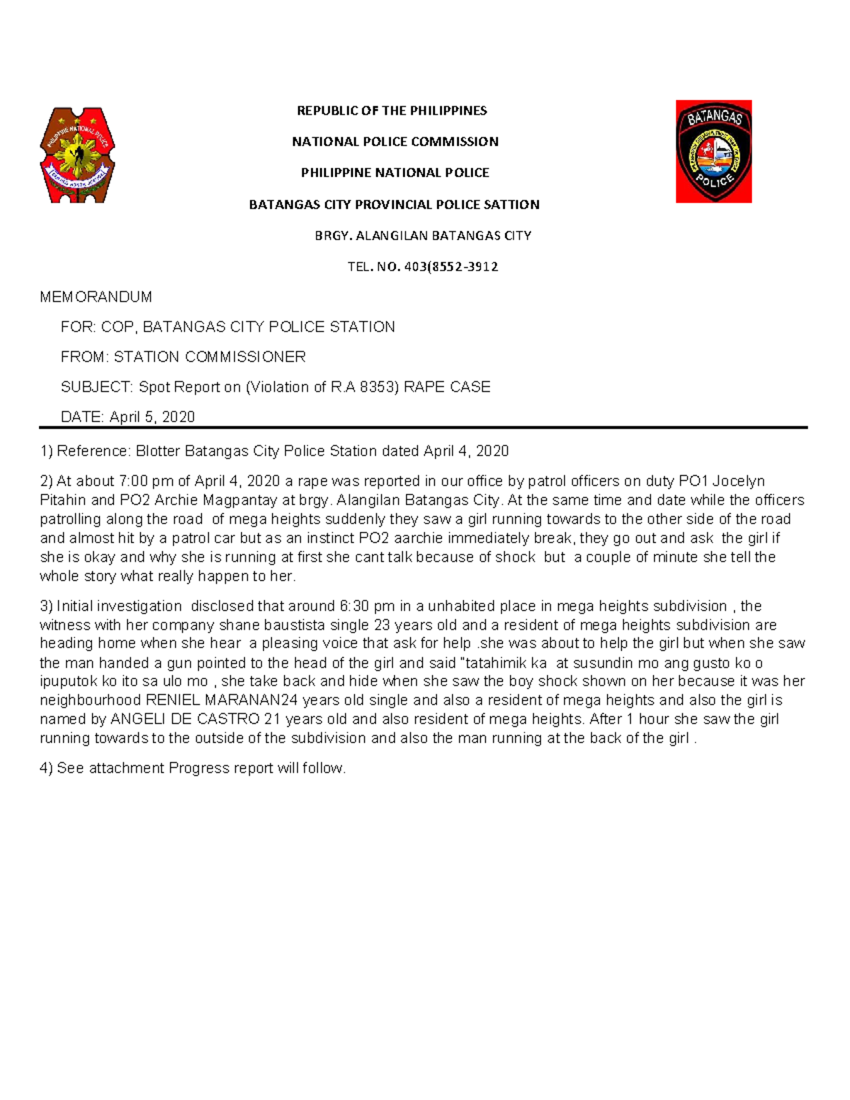 Spot Report on R.A. 8353 Violation: Rape Case in Batangas City - Studocu