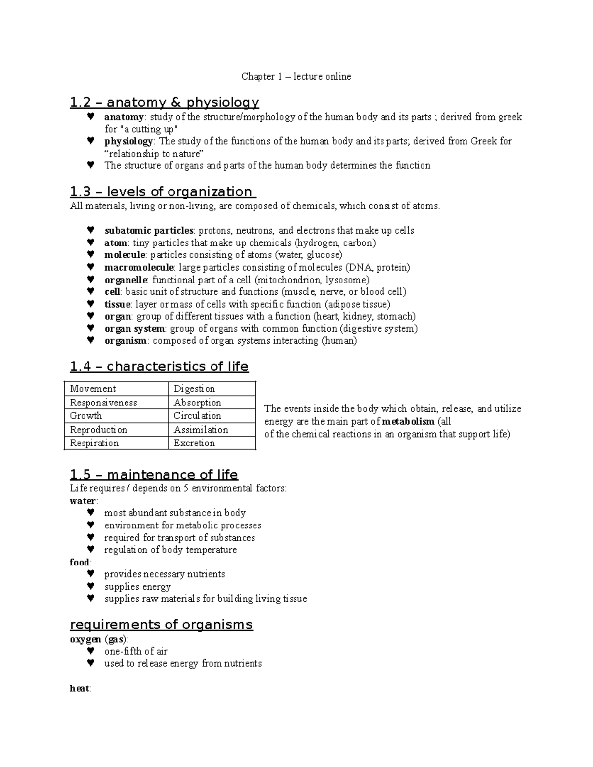 Chapter 1: Intro to Human Anatomy & Physiology 1A Lecture Notes - Studocu