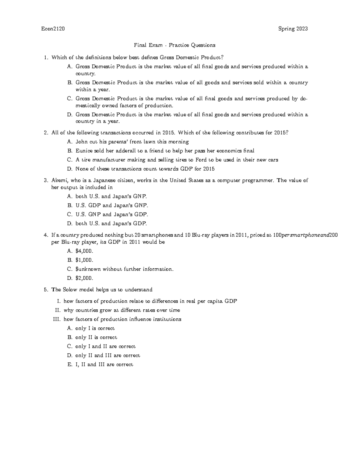 Econ212 Final Exam - Practice Questions Review and Answers - Studocu