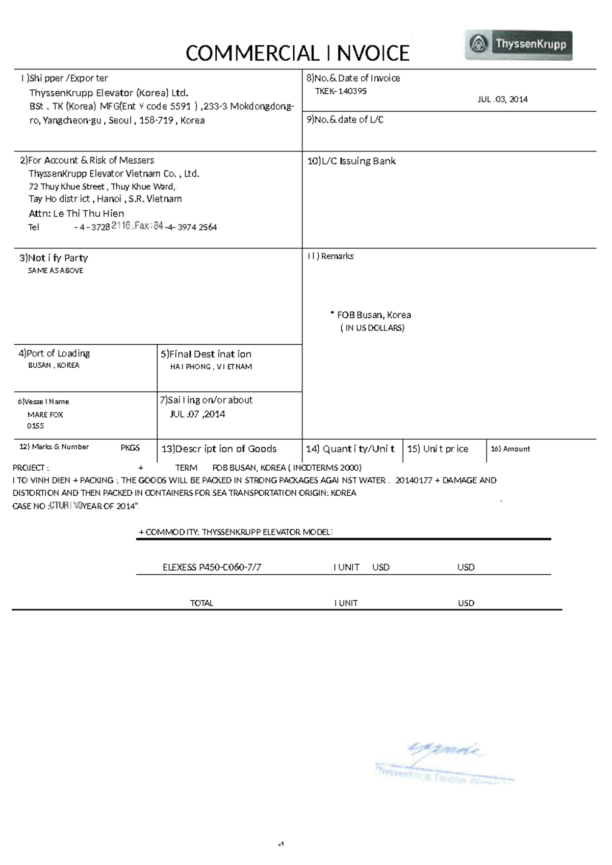 Commercial Invoice for ThyssenKrupp Elevator (Korea) Ltd. - Project I ...