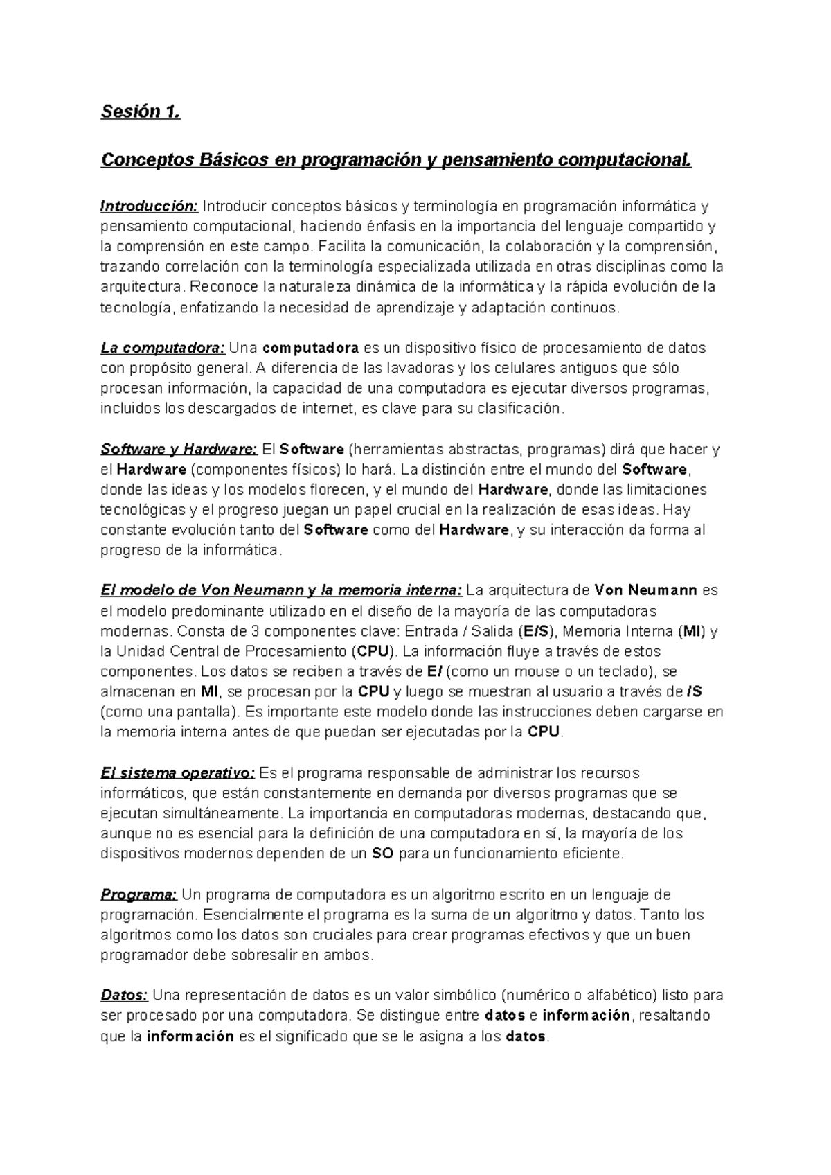 Sesión 1: Conceptos Básicos en Programación y Pensamiento Computacional ...