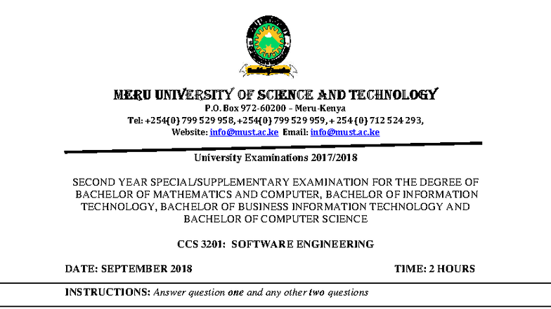 CCS 3201: Software Engineering Final Exam September 2018 - Studocu