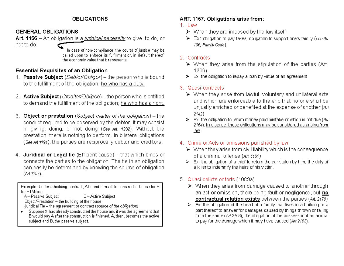 Obligations and Contracts: Key Concepts and Legal Ties Explained - Studocu